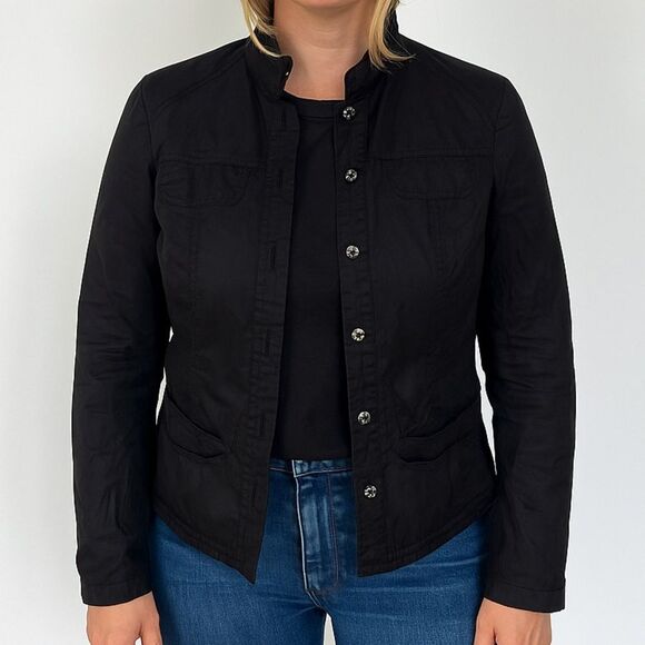 Tahari women’s black long sleeve motorcycle jacket front button collarless - Picture 1 of 12